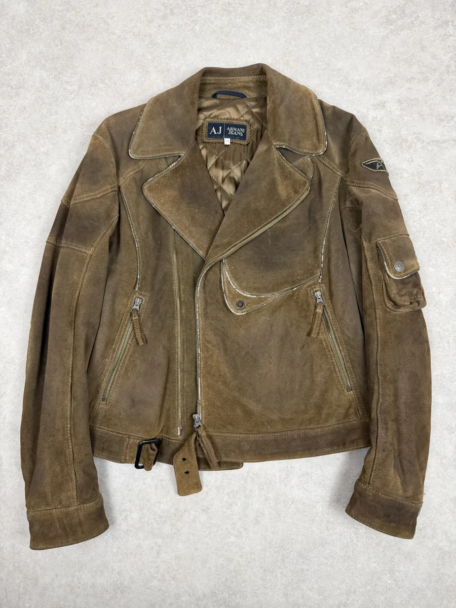 2000s Armani Brown Suede Leather Perfecto Jacket - Image 3