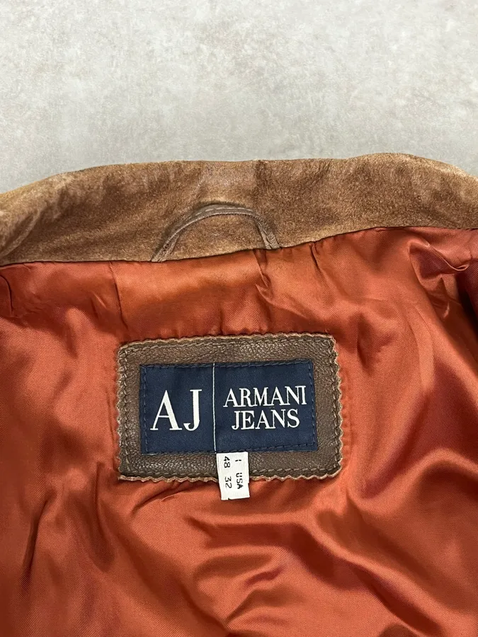 2000s Armani Brown Suede Leather Two Tone Trucker Jacket - Image 11