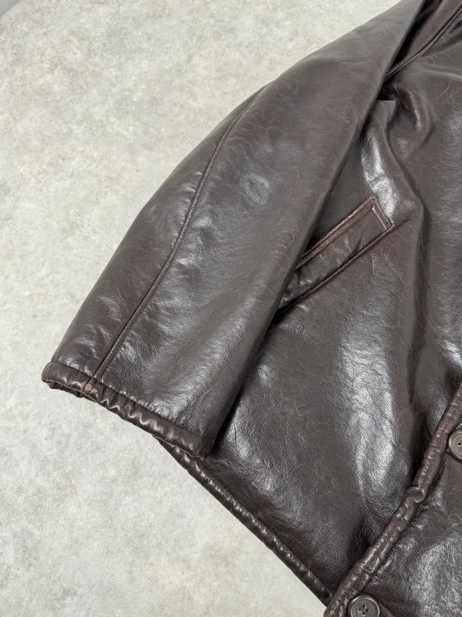 2000s Armani Buttoned Faux Leather Collar Brown Jacket - Image 7