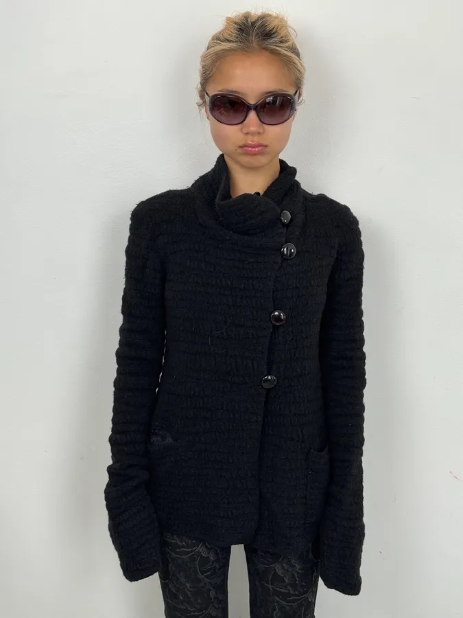 2000s Armani Collezioni Black Asymmetrical Pleats Officer Cardigan Jacket - Image 2
