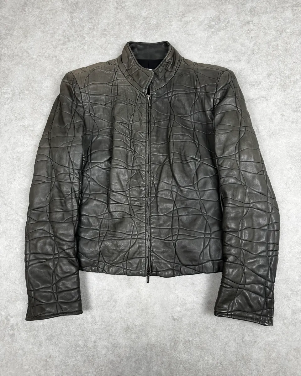 2000s Armani Collezioni Grey Geommetrical Biker Leather Jacket