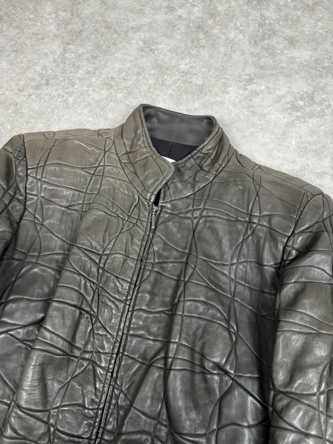 2000s Armani Collezioni Grey Geommetrical Biker Leather Jacket - Image 3