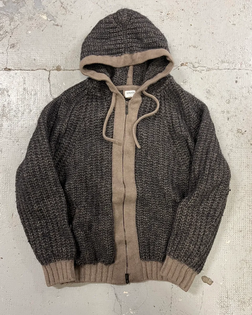 2000s Armani Collezioni Grey Wool Hooded Hybrid Sweater