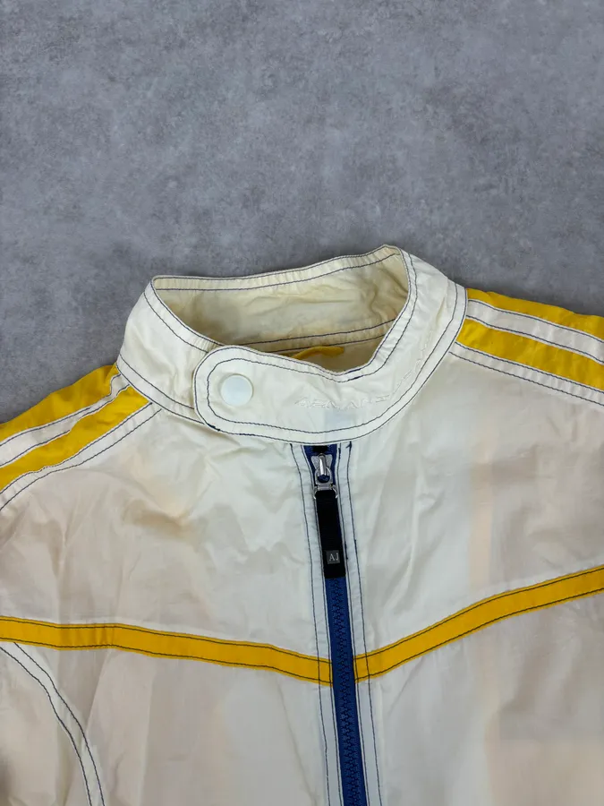 2000s Armani Cream Nylon Yellow Stripe Windbreaker Jacket - Image 4