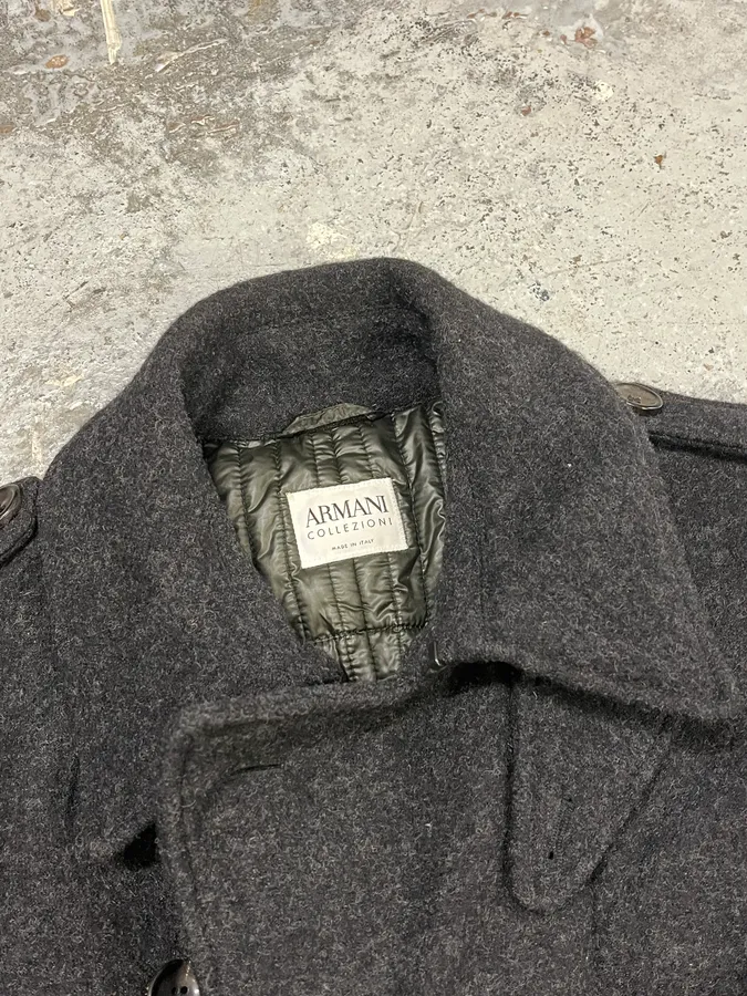 2000s Armani Dark Grey Wool Asymmetrical Lined Coat - Image 9
