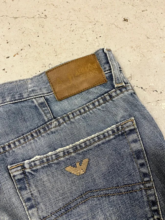 2000s Armani Distressed Reinforced Blue Denim Jeans - Image 10