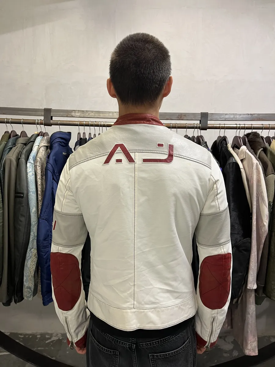 2000s Armani European Ride Red & White Biker Leather Jacket - Image 3