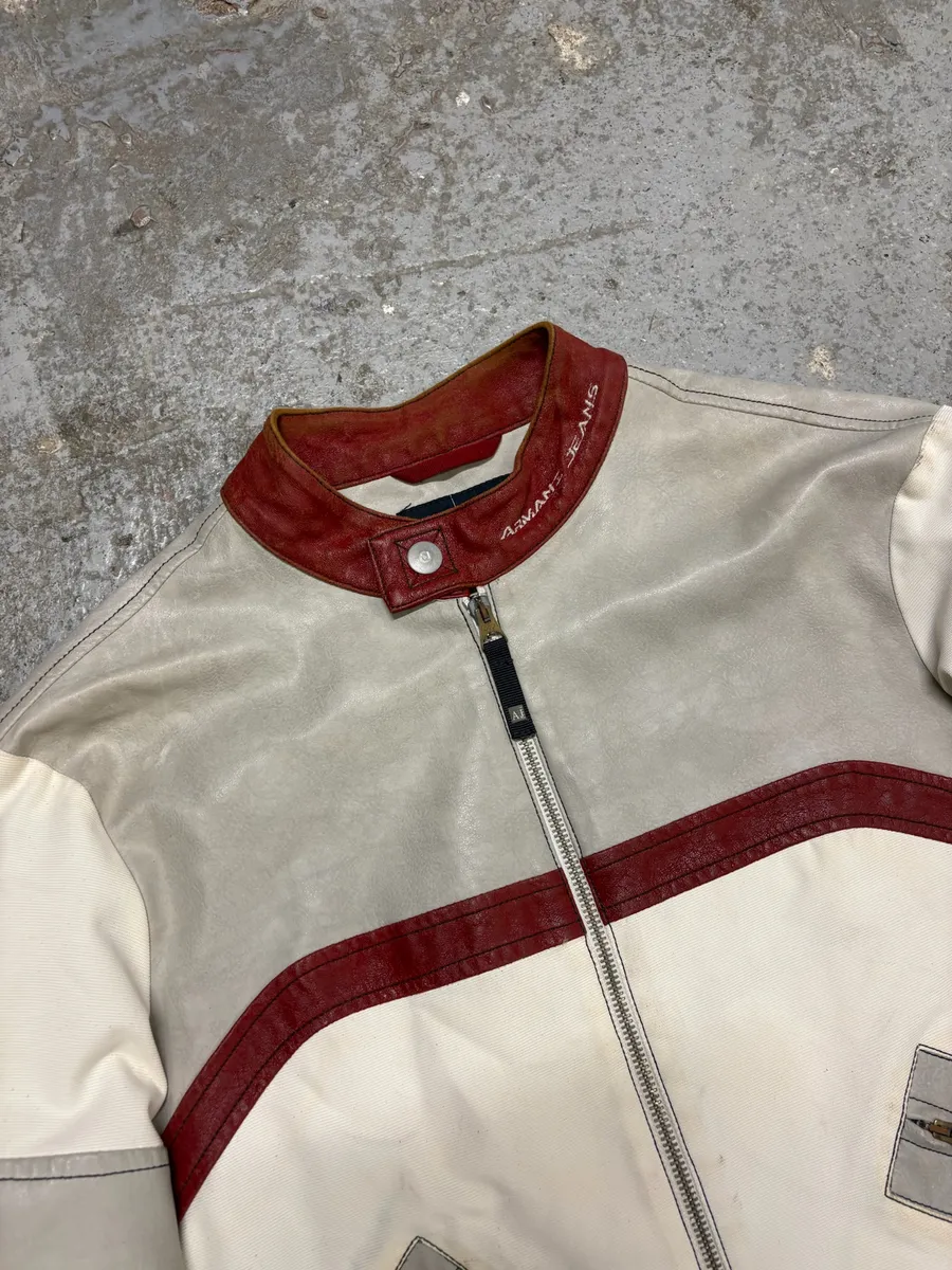 2000s Armani European Ride Red & White Biker Leather Jacket - Image 12