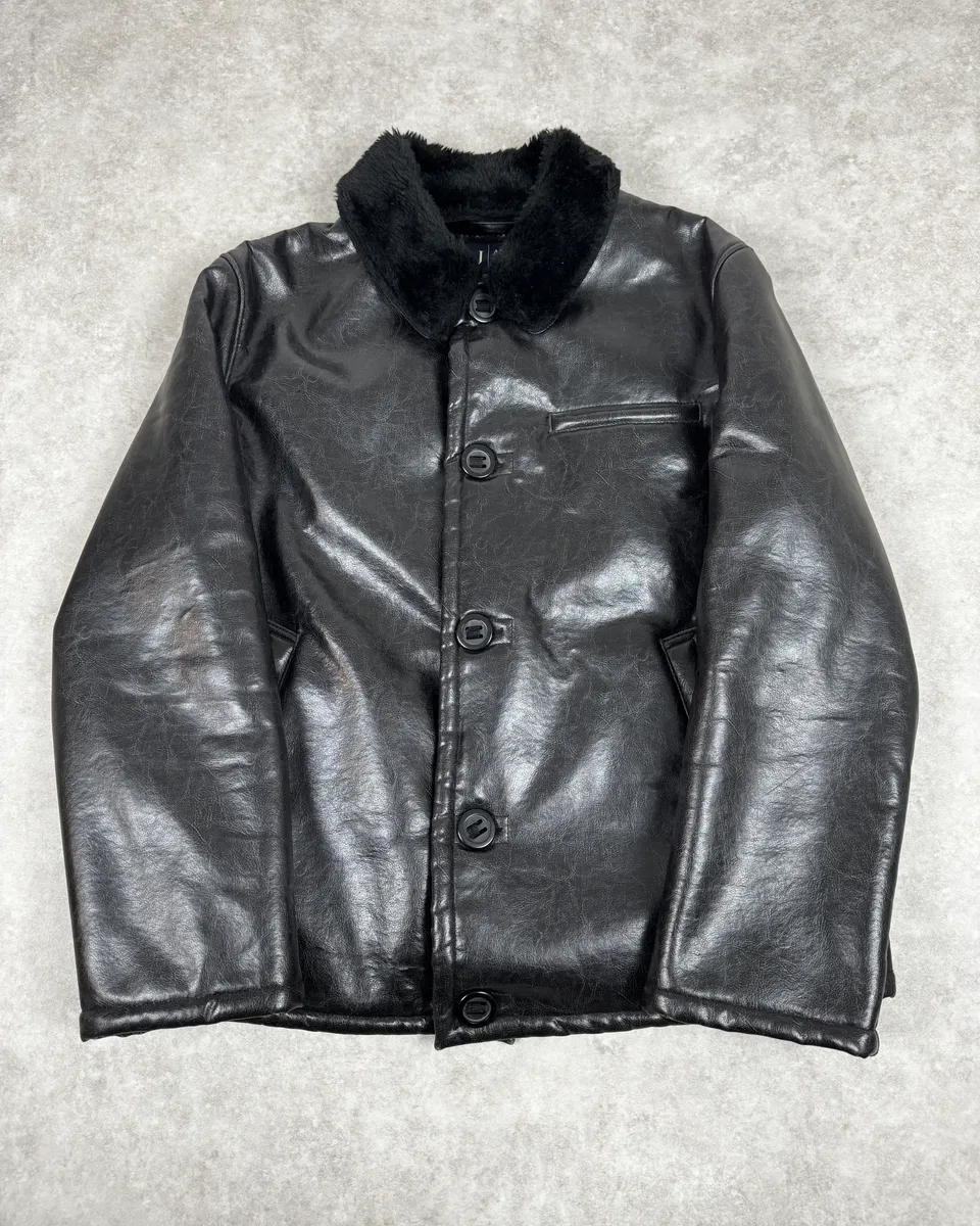 2000s Armani Faux Fur Black Premium Leather Jacket