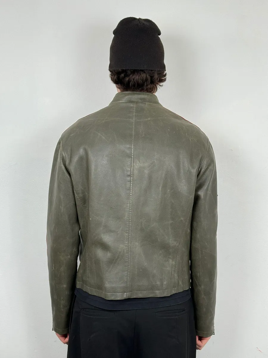 2000s Armani Grey & White AJ Biker Leather Jacket - Image 3