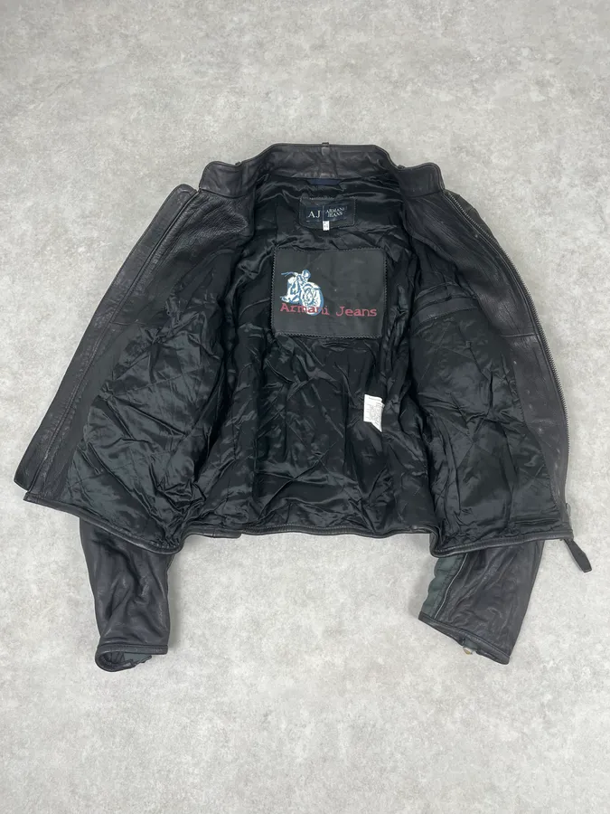 2000s Armani Hybrid Black & Green Leather Biker Jacket - Image 8