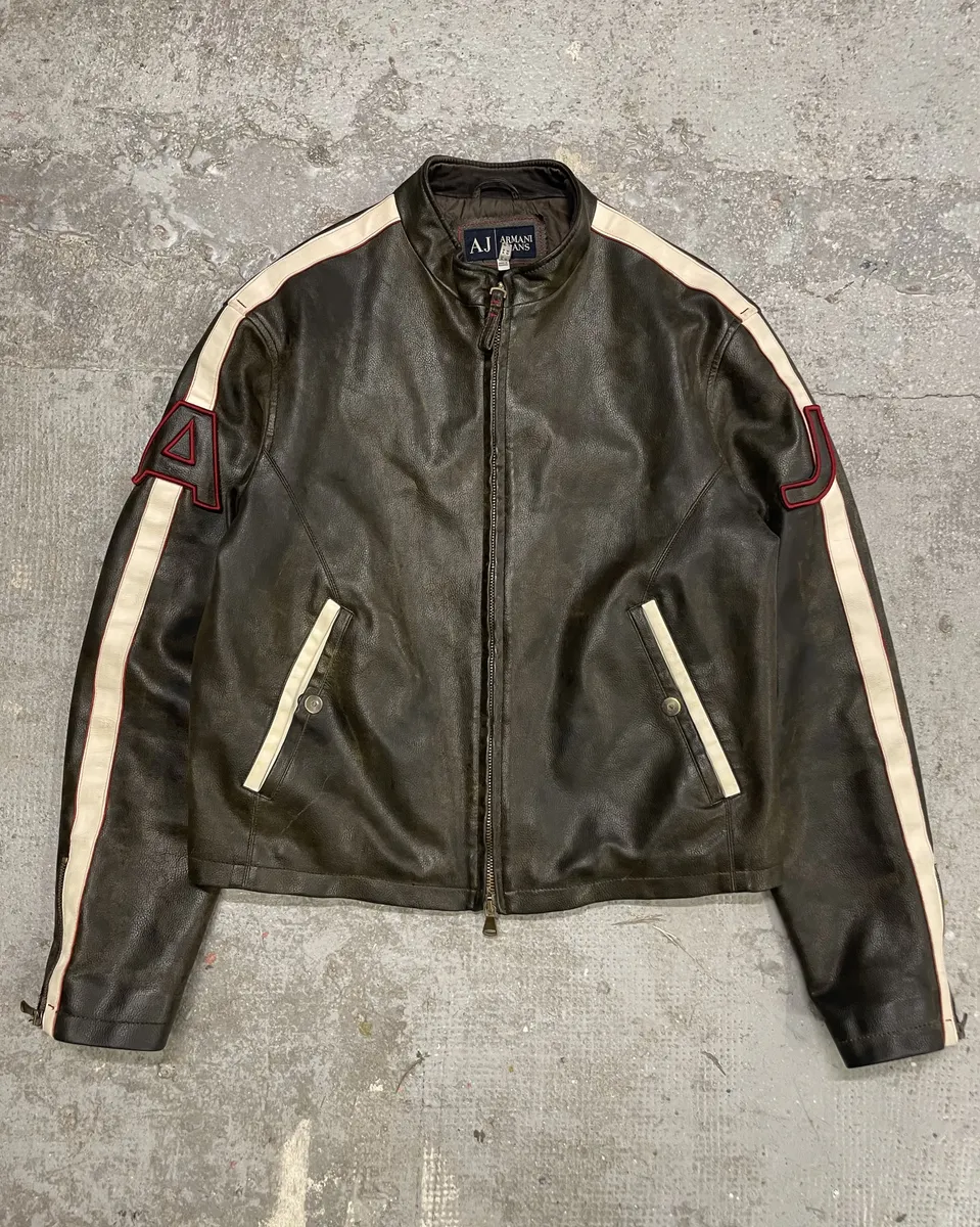2000s Armani Jeans Brown Biker Leather AJ Jacket