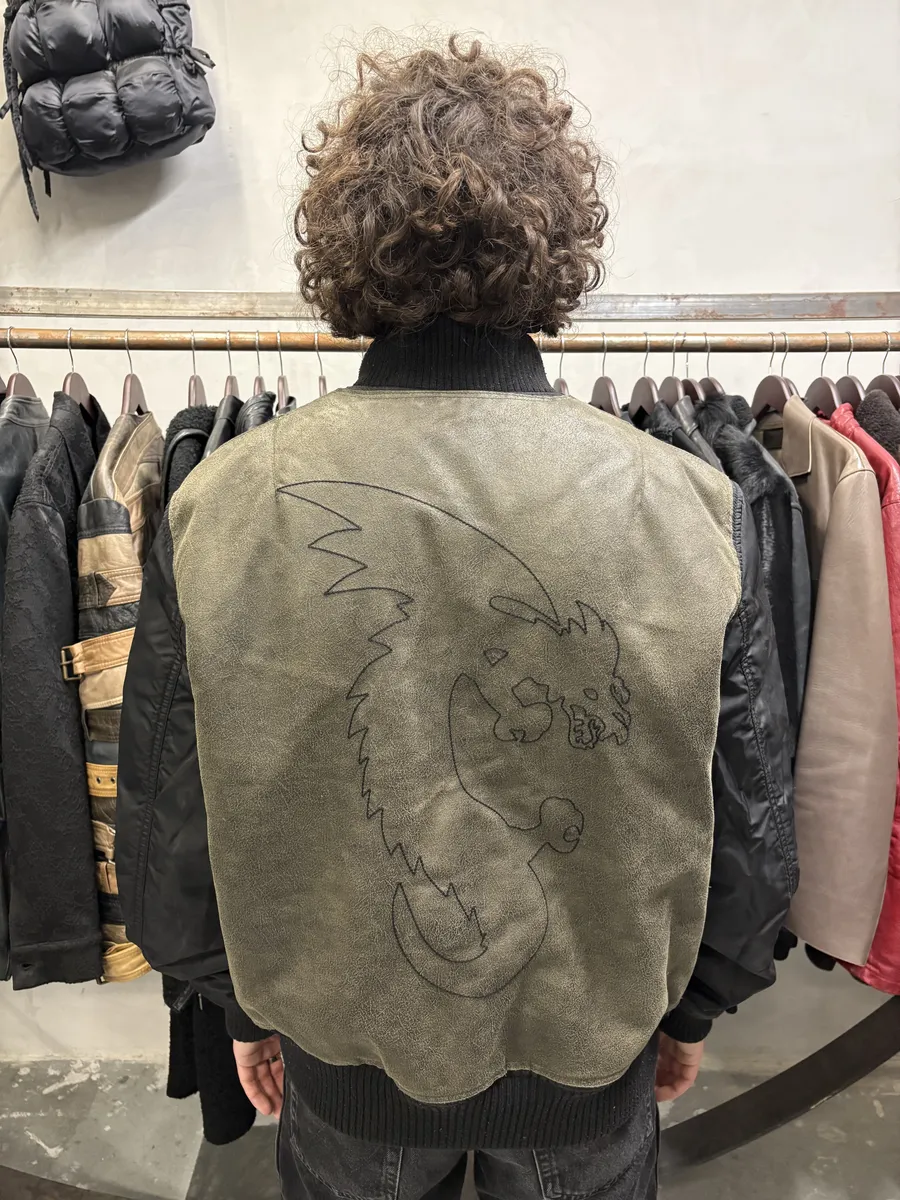 2000s Armani Olive Dragon Hide Leather Nylon Jacket - Image 2