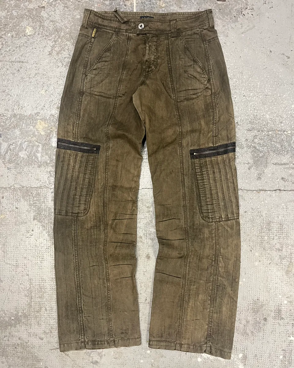 2000s Armani Olive Washed Wide Elevated Cargo Pants - Image 3