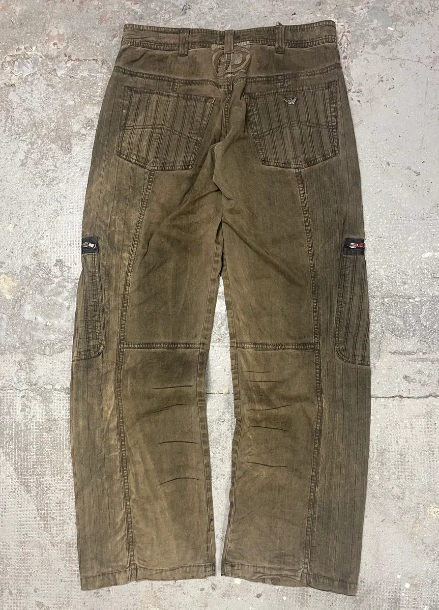 2000s Armani Olive Washed Wide Elevated Cargo Pants - Image 7