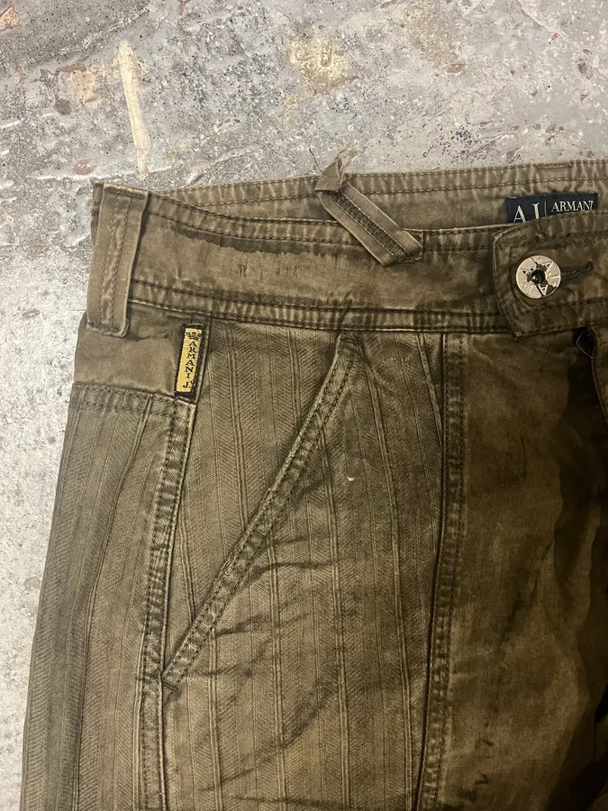 2000s Armani Olive Washed Wide Elevated Cargo Pants - Image 8