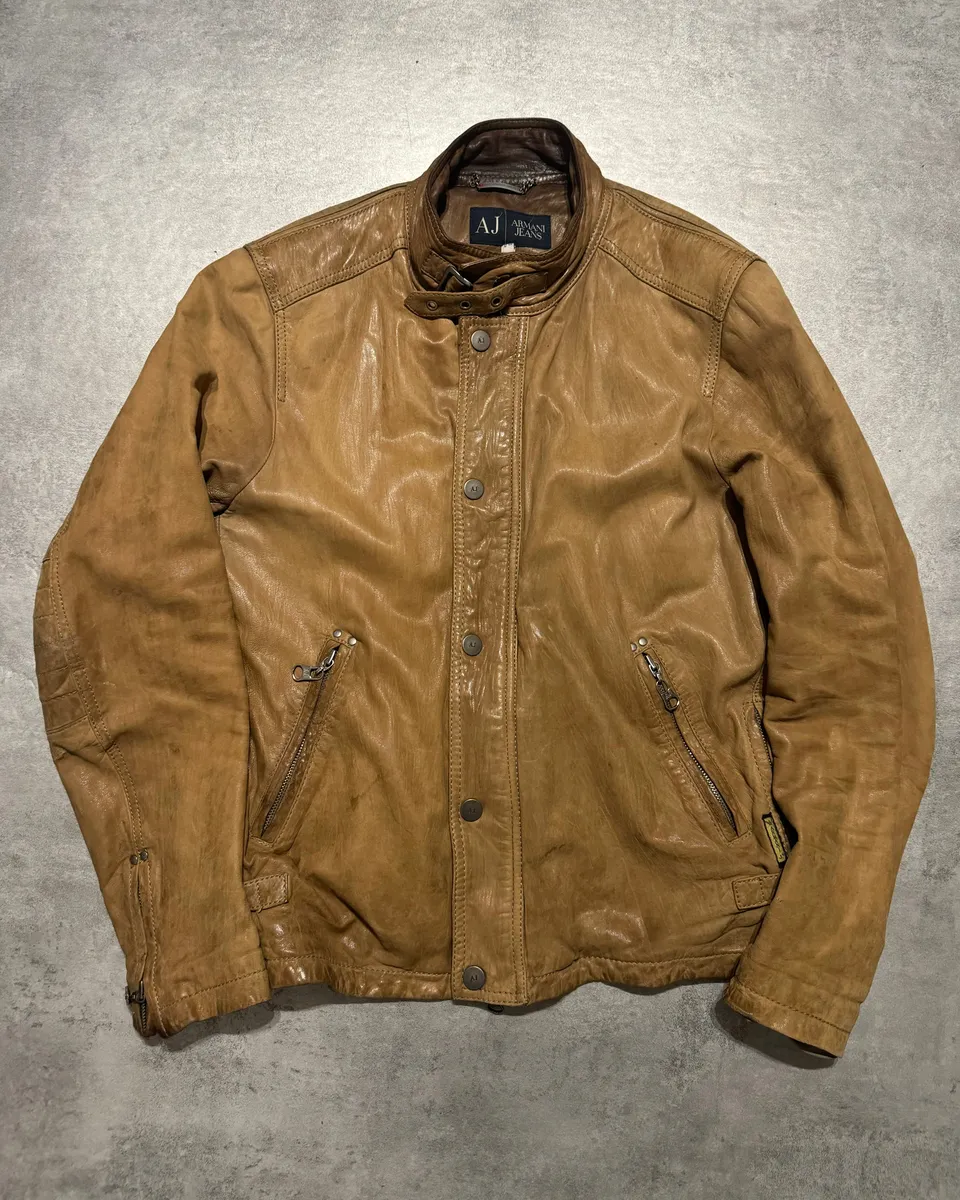 2000s Armani Padded Beige Leather Biker Jacket - Image 4