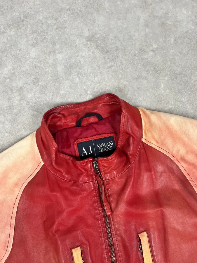 2000s Armani Red Two Tone Padded Biker Leather Jacket - Image 4