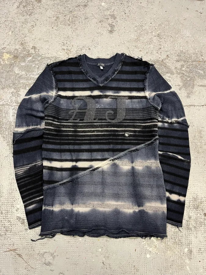 2000s Armani Tie & Dye Navy Gradient V Neck Distressed Sweater