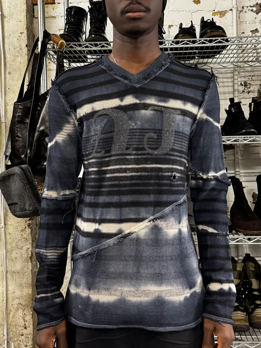 2000s Armani Tie & Dye Navy Gradient V Neck Distressed Sweater - Image 2