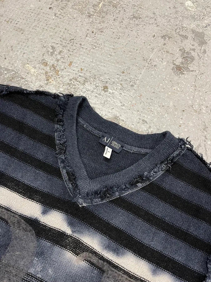 2000s Armani Tie & Dye Navy Gradient V Neck Distressed Sweater - Image 5