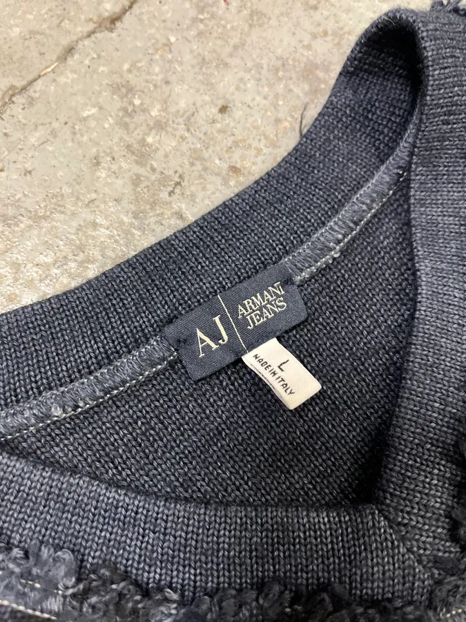 2000s Armani Tie & Dye Navy Gradient V Neck Distressed Sweater - Image 7