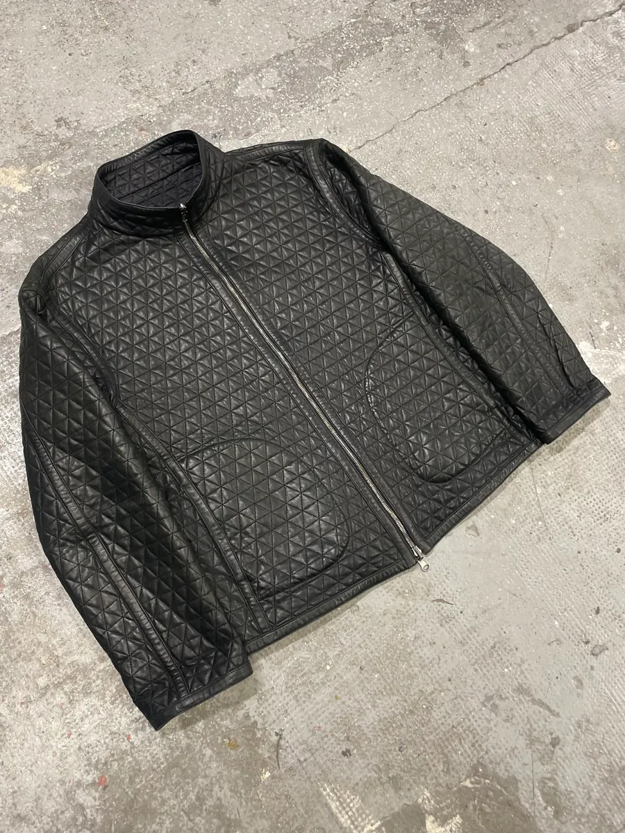 2000s Armani Triangle Black Leather Jacket - Image 2