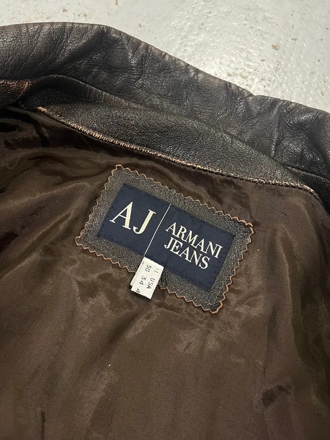 2000s Armani Trucker Faded Brown Leather Buttoned Jacket - Image 9