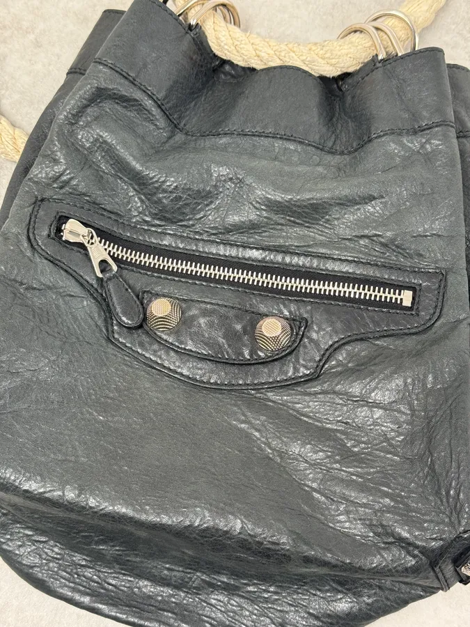 2000s Balenciaga City Black Leather Rope Backpack - Image 5