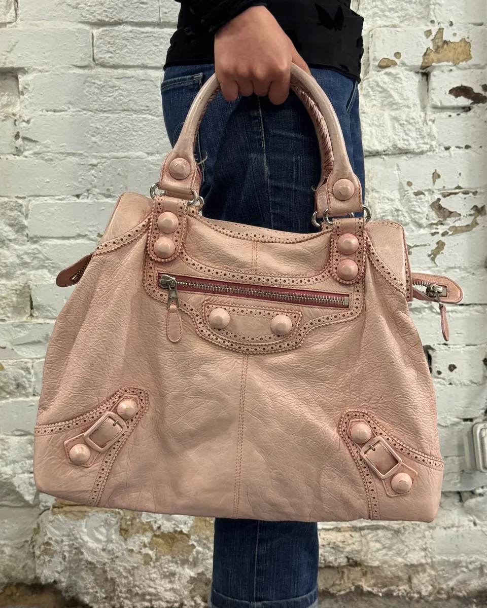 2000s Balenciaga Pink Leather Studded City Bag