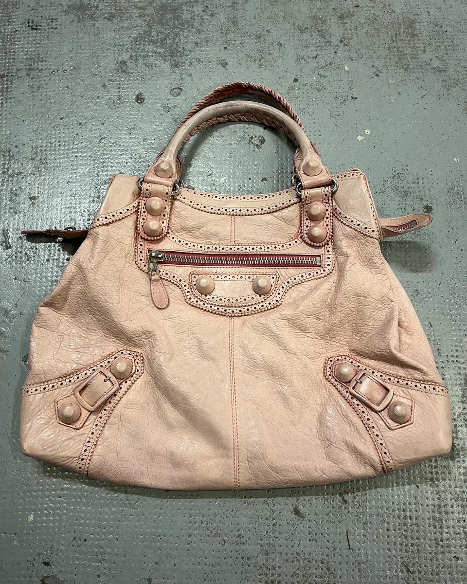 2000s Balenciaga Pink Leather Studded City Bag - Image 2