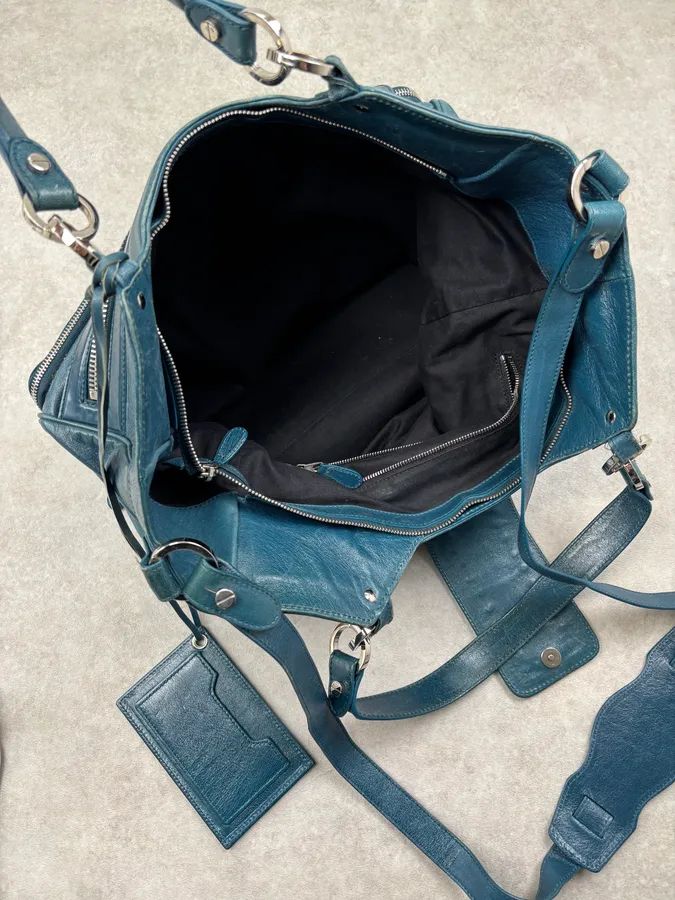 2000s Balenciaga Turquoise Leather Multi-Pocket Studded Shoulder Bag - Image 23