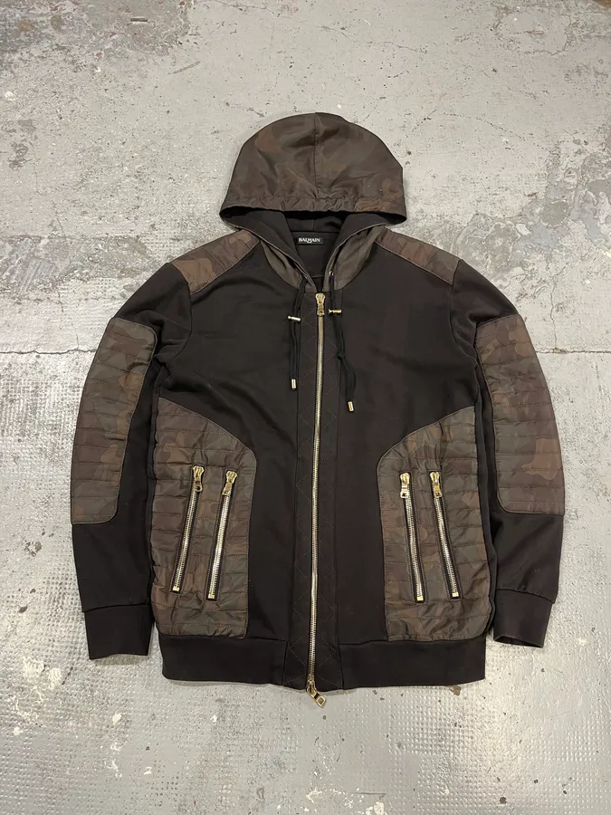 2000s Balmain Camo Multi Zips Padded Black Sweater - Image 4
