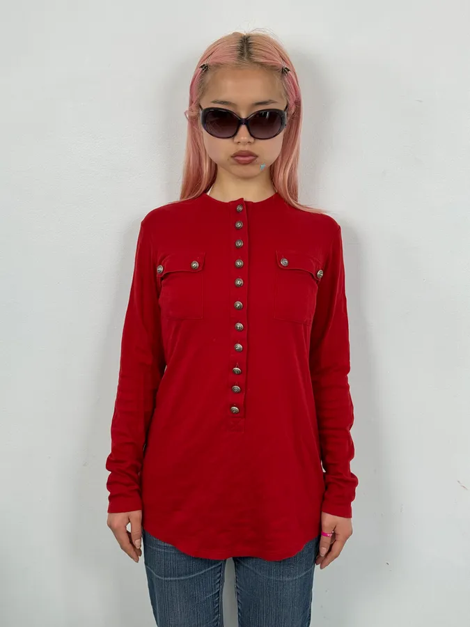 2000s Balmain Red Buttoned Blouse Longsleeve T-Shirt - Image 2