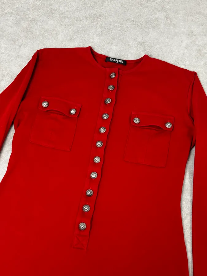 2000s Balmain Red Buttoned Blouse Longsleeve T-Shirt - Image 5