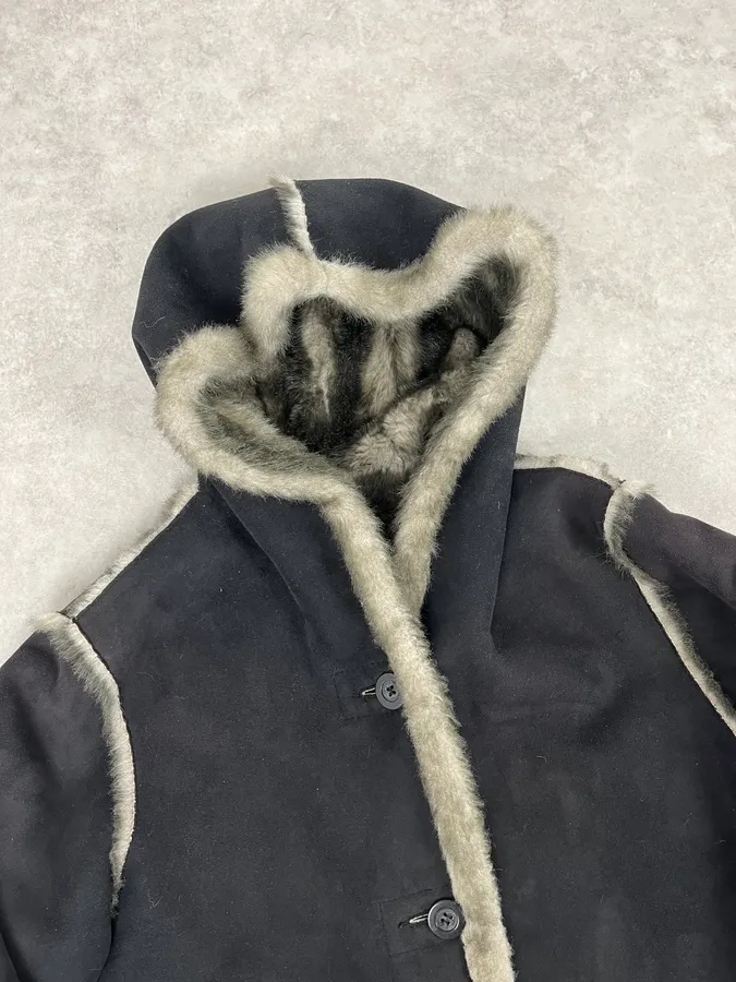 2000s Balmain Reversible Faux Fur Brown Suede Beige Hooded Jacket - Image 12