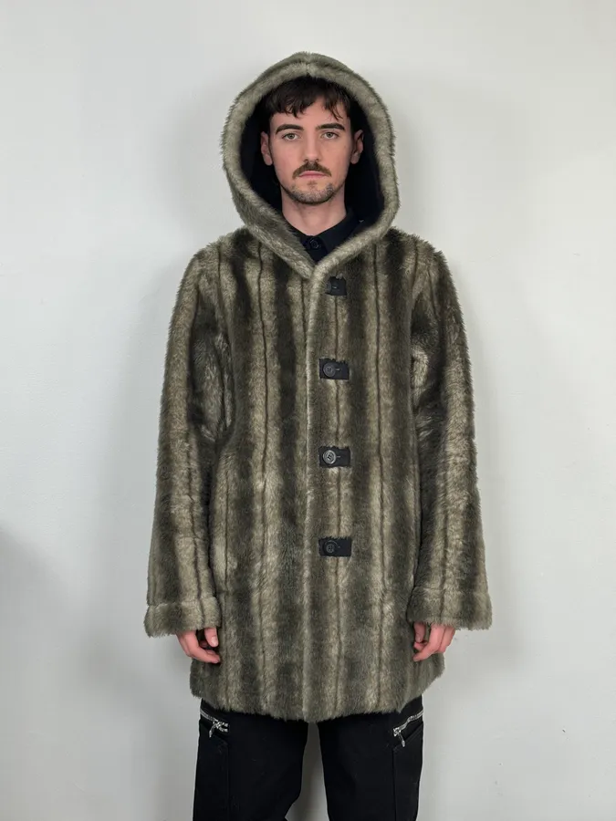 2000s Balmain Reversible Faux Fur Brown Suede Beige Hooded Jacket - Image 4