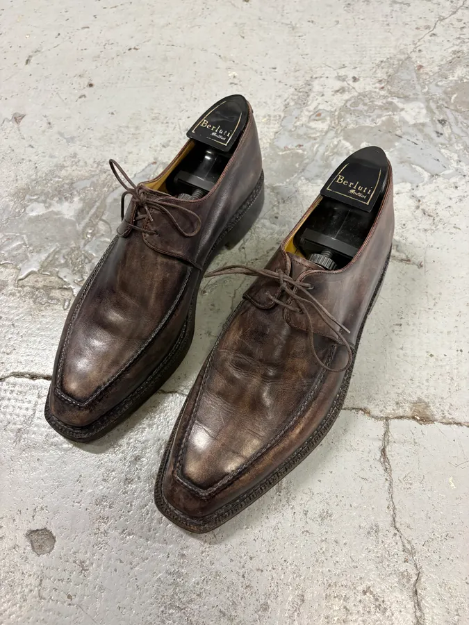 2000s Berluti Brown Eroded Leather Derby Shoes - Image 3