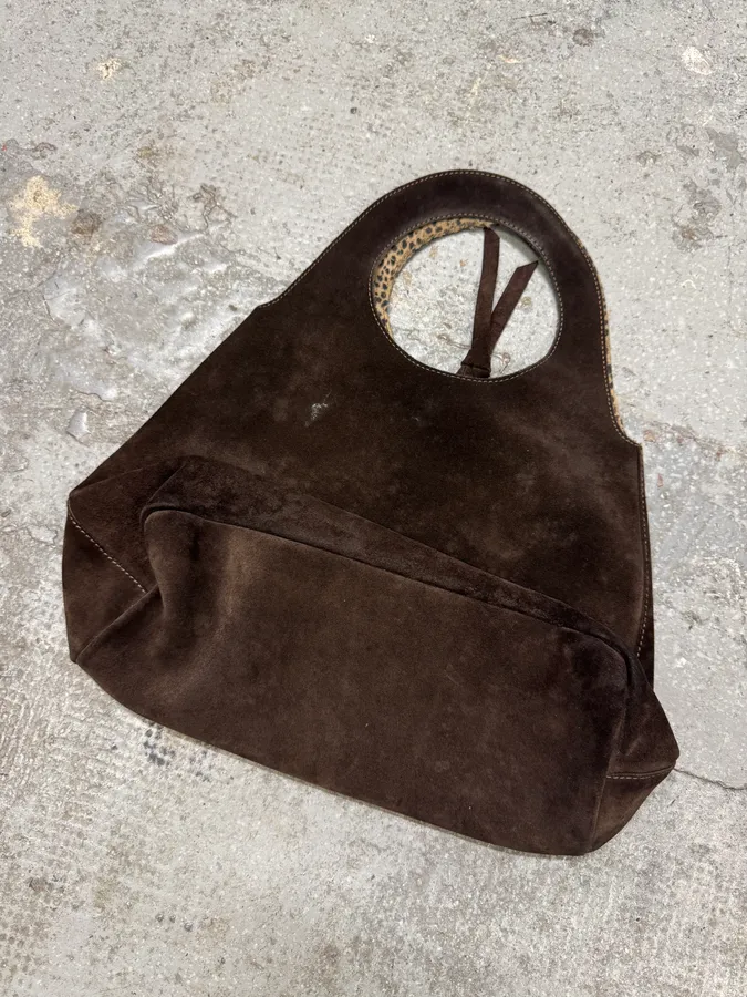 2000s Brown Blue Eye Suede Leopard Lining Handle Bag - Image 3