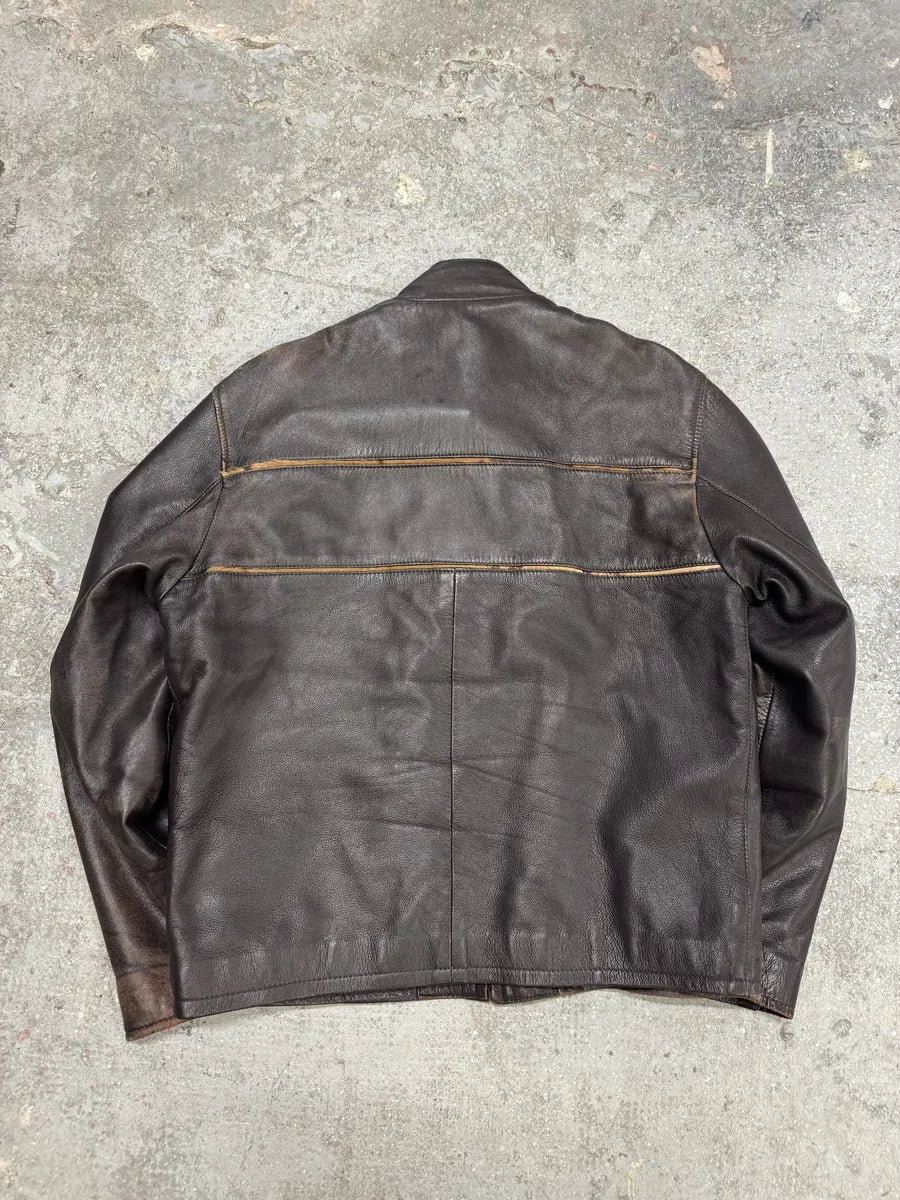2000s Brown Italian Leather Pony Hair Leopard Biker Jacket - Image 3