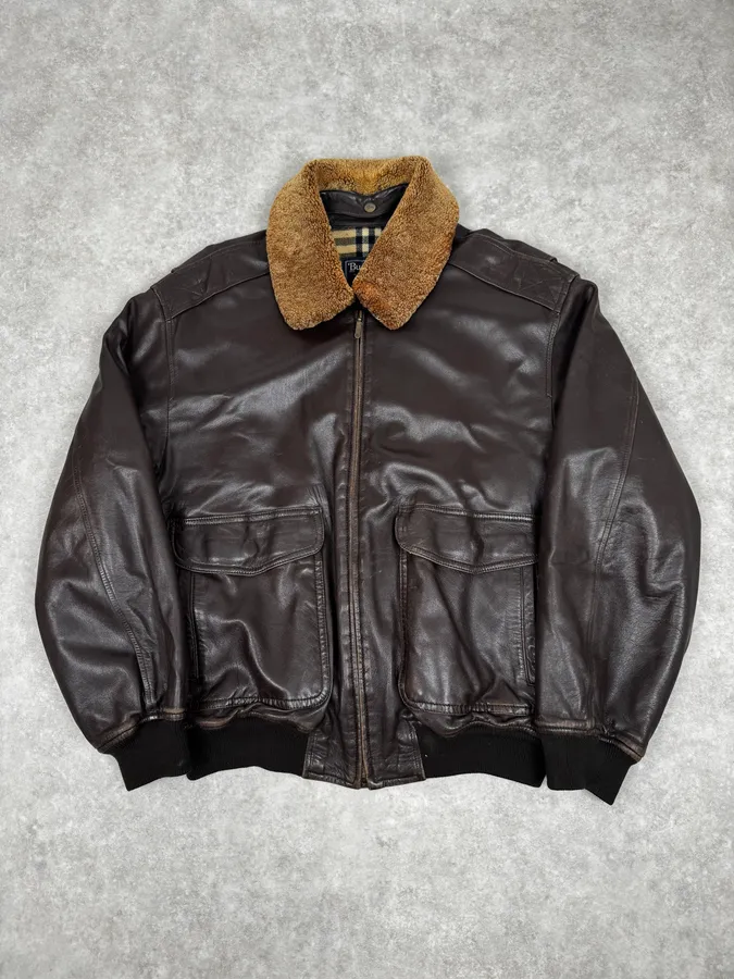 2000s Burberry Aviator Brown Leather Jacket