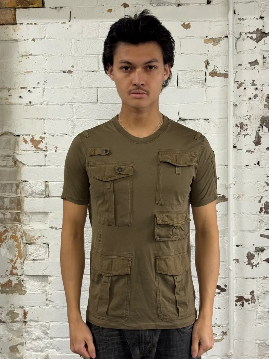 2000s Burberry Brit Khaki Multi-Pocket Cargo T-Shirt - Image 2