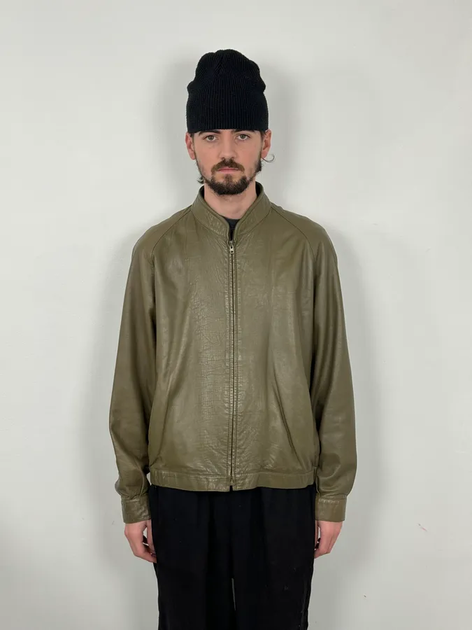 2000s Burberry Khaki Green Minimalist Leather Jacket - Image 2