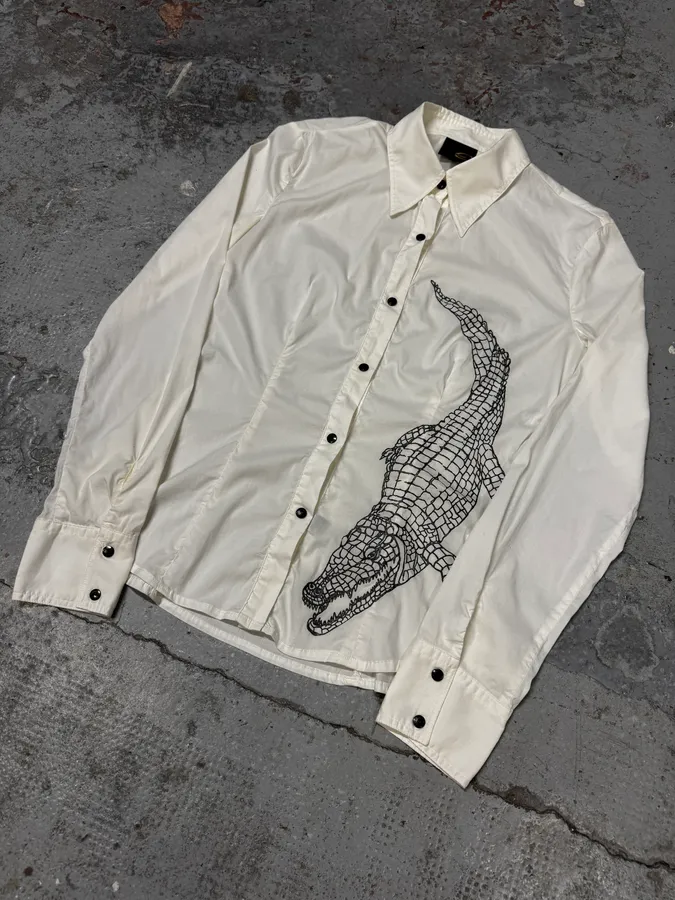 2000s Cavalli 3D Crocodile White Shirt - Image 4
