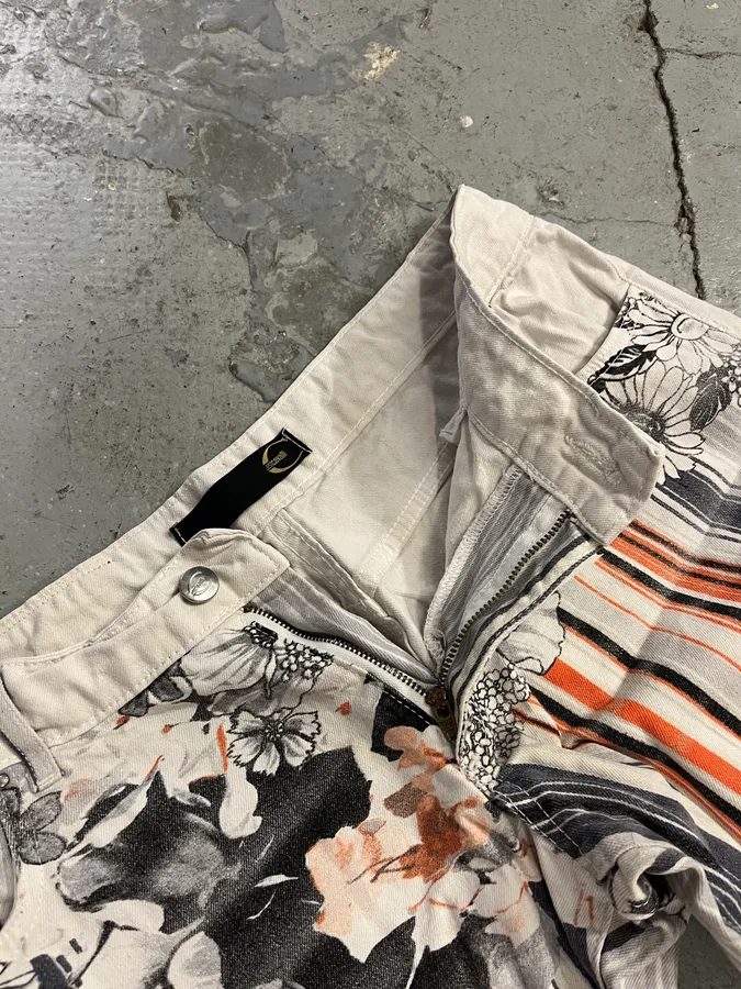 2000s Cavalli Abstract Orange White Flowers Pants - Image 10