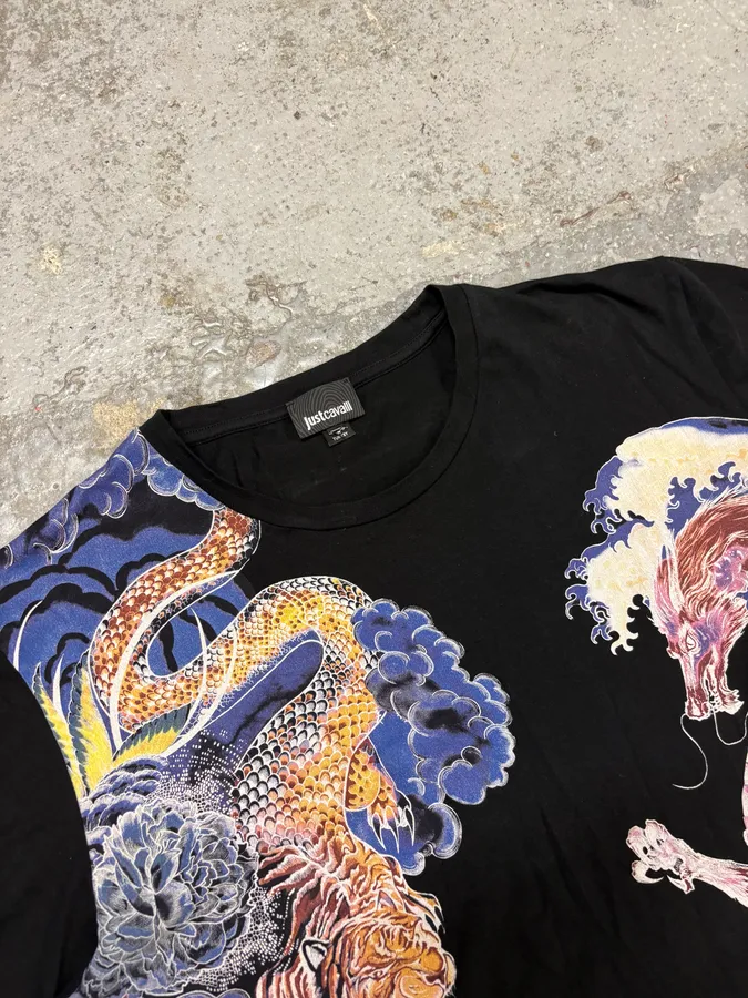 2000s Cavalli Ancient Monsters Black T-Shirt - Image 5
