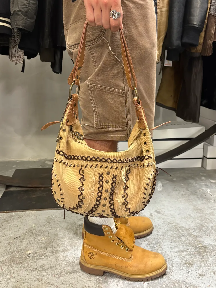 2000s Cavalli Artisal Embellished Beige Handle Bag - Image 3