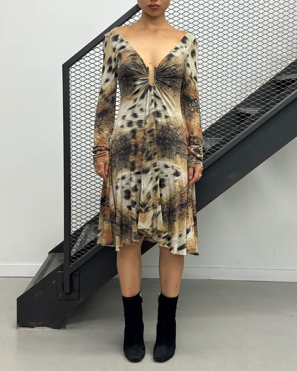 2000s Cavalli Beige & Brown Leopard Ruched Dress