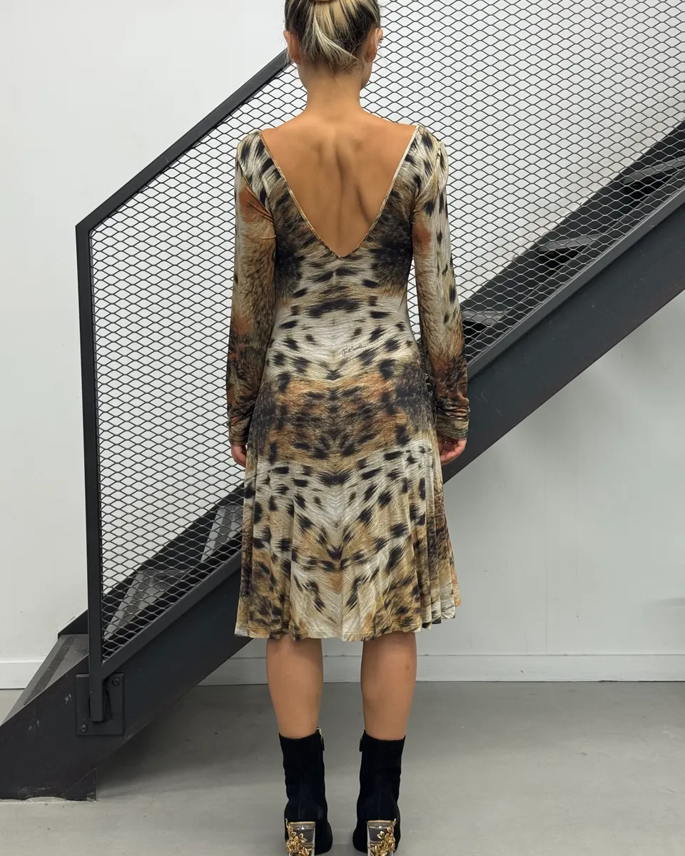 2000s Cavalli Beige & Brown Leopard Ruched Dress - Image 2