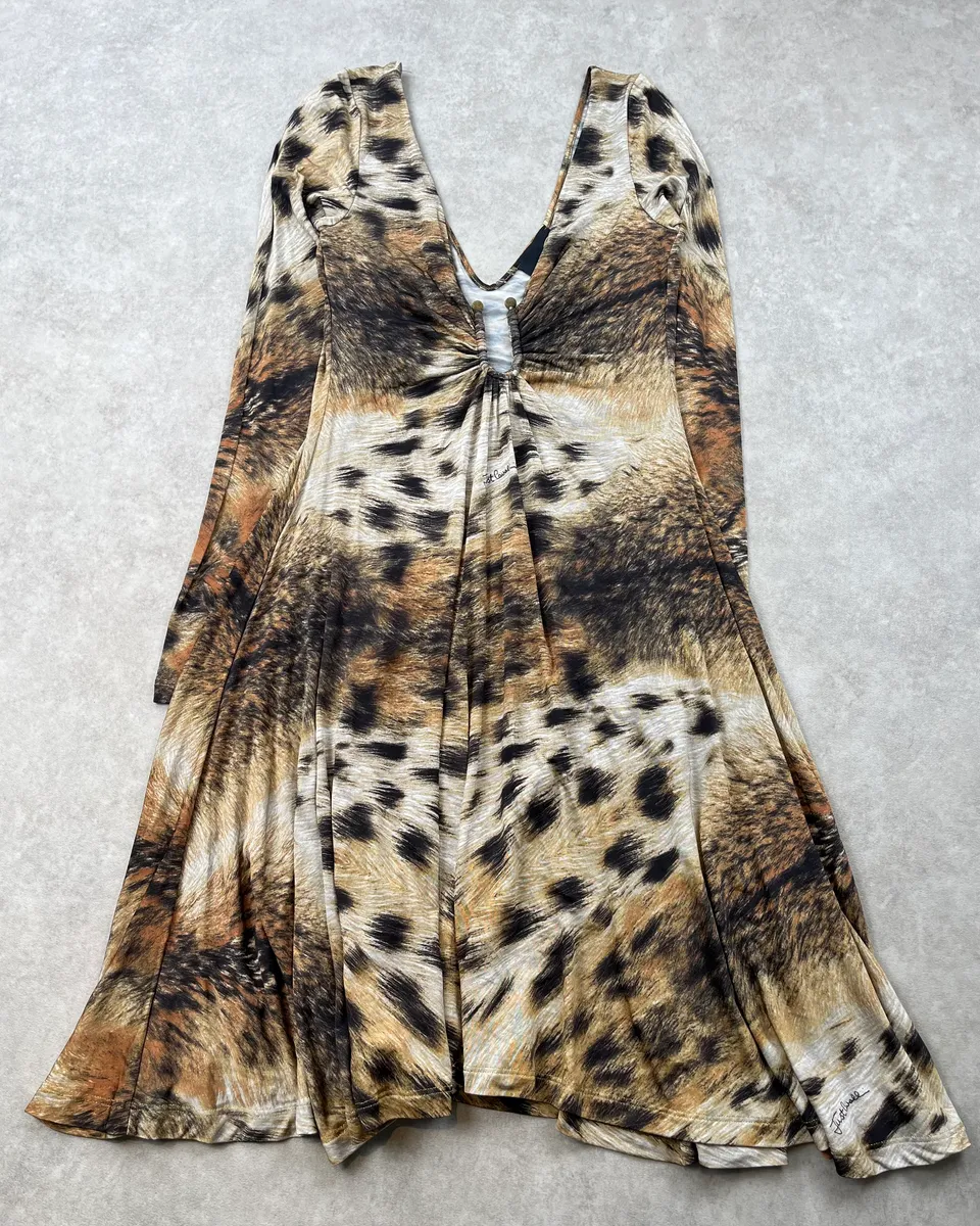 2000s Cavalli Beige & Brown Leopard Ruched Dress - Image 3